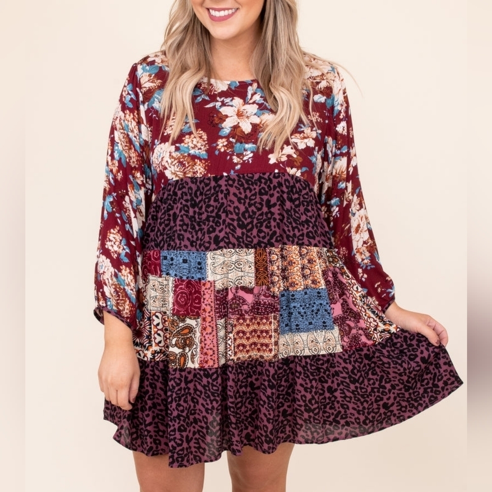 Umgee Mixed Prints Floral Mini Flowy Gauze Dress Sz M Neutral Boho Fairy Casual